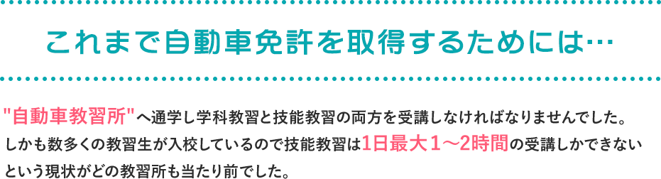 これまで自動車免許を取得するためには。“自動車教習所”で学科教習と技能教習の両方を受けなければなりませんでした。しかも同時に多くの受講生を抱えているために学科教習は教習所に出向き、かつ集団授業&技能教習も1日最大1~2時間しか予約が取れないという現状が当たり前です